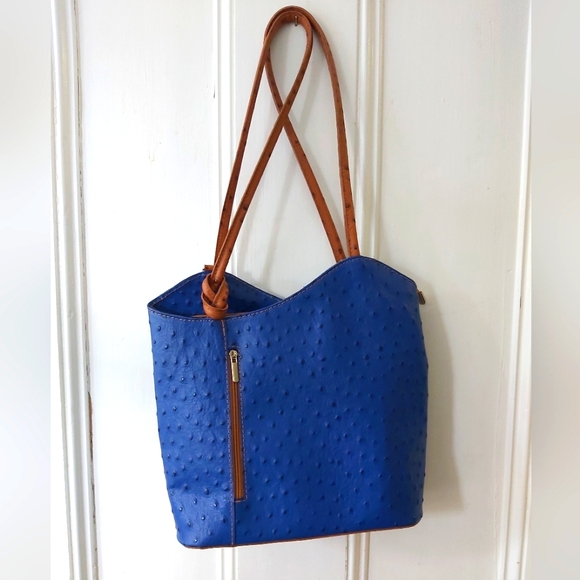 Borse in Pelle Italian Ostrich Leather Tote/Backpack Royal Blue and Tan - Picture 10 of 14